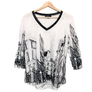 Top By Carine White Tee City Scape in Black 3/4 Sleeves V Neck Top Large